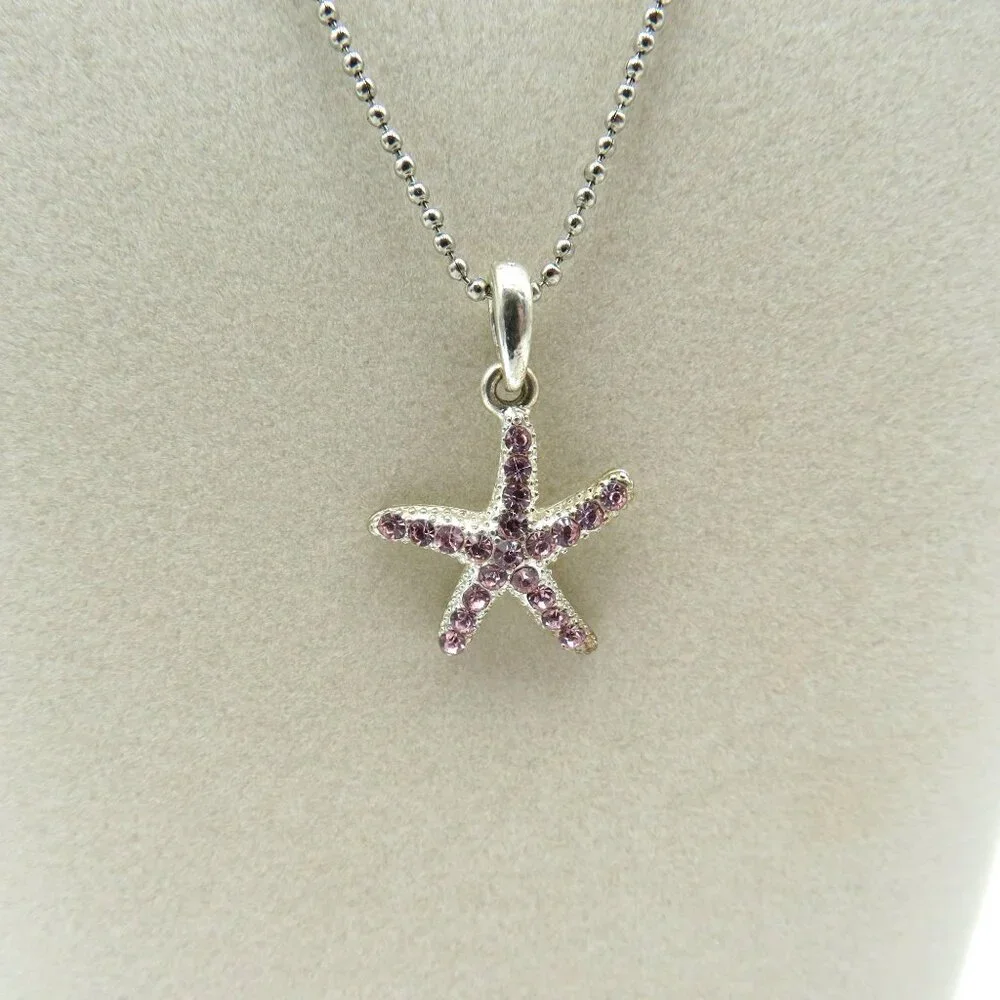 Starfish Pendant Necklace Pink Crystals‎ Silver Tone 16
